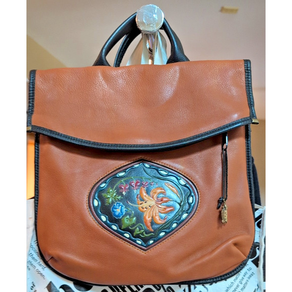 Turtle Ridge Soft Brown & Black Leather Tooled Floral Fold Over Crossbody Purse - Picture 1 of 11